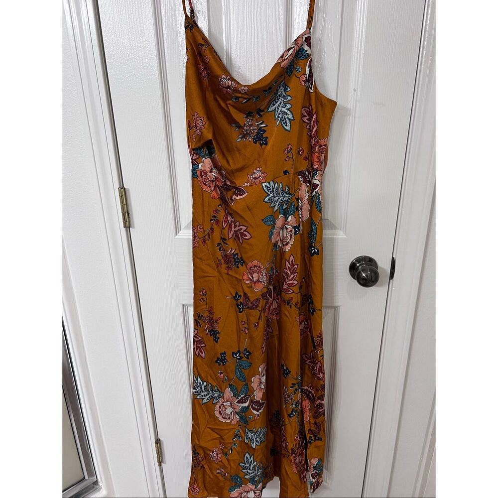 NWT Selfie Leslie Women's Suki Front Split Oriental Floral Midi Dress Mustard 10
